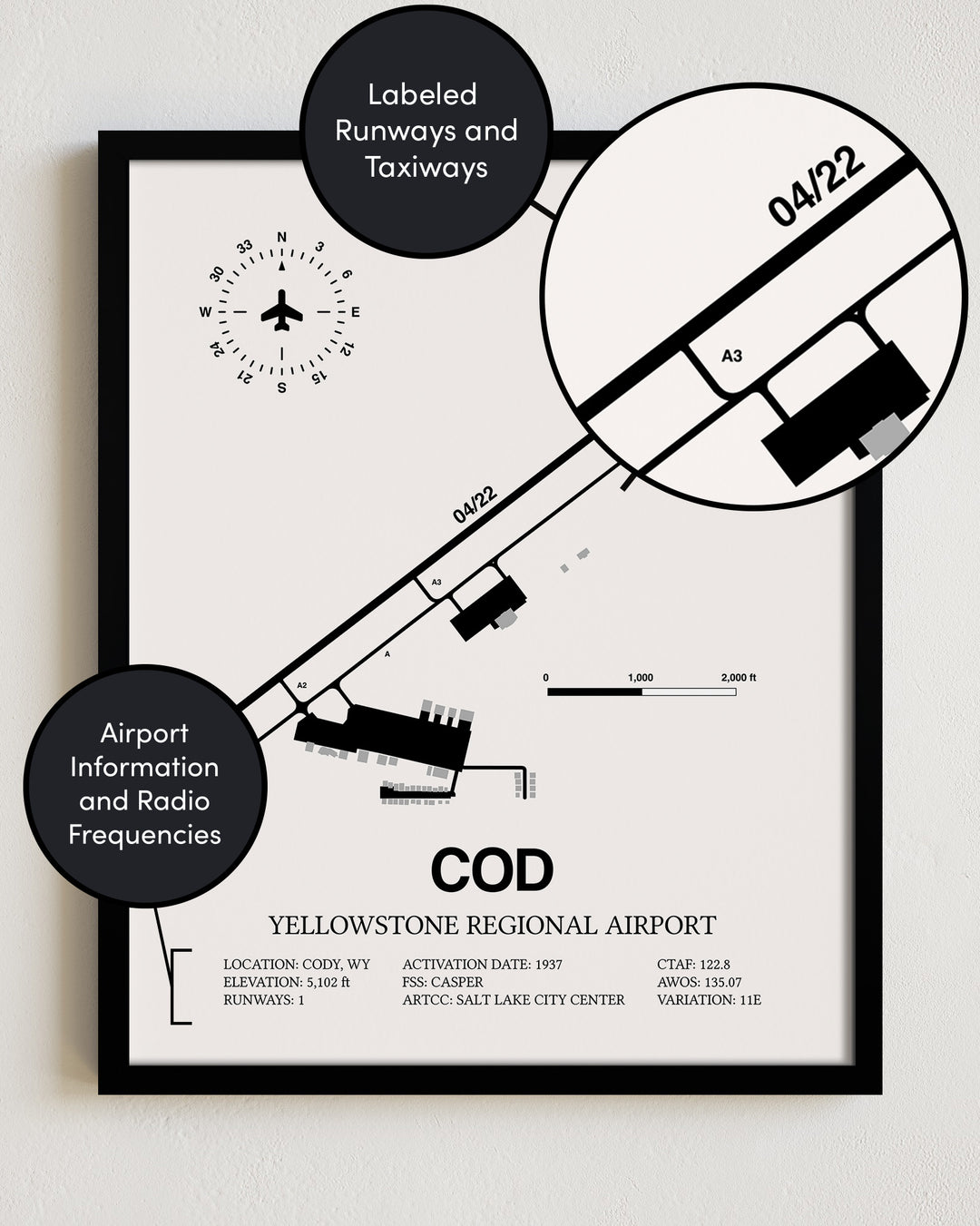 Framed Detailed Airport Map of Yellowstone Regional Airport (COD) in White with a Black Frame