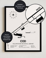 Framed Detailed Airport Map of Yellowstone Regional Airport (COD) in White with a Black Frame