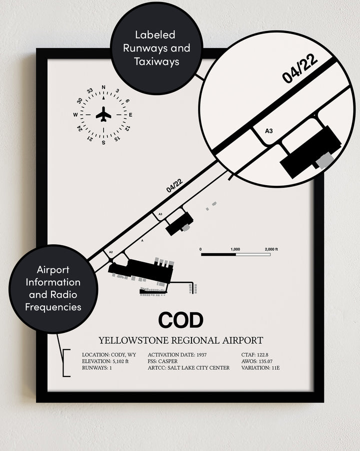 Framed Detailed Airport Map of Yellowstone Regional Airport (COD) in White with a Black Frame
