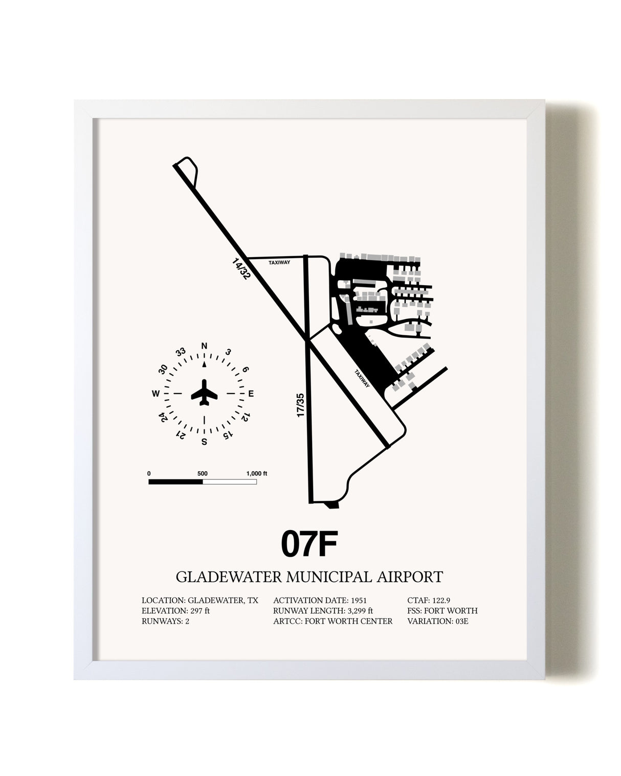 Gladewater Municipal Airport airport map poster in oak frame