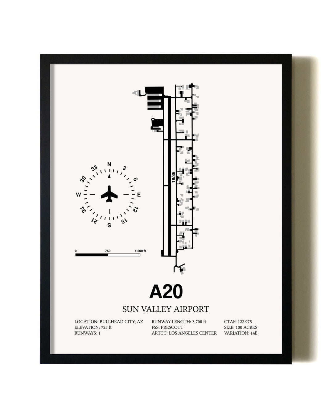 Framed Sun Valley Airport wall art poster in black frame