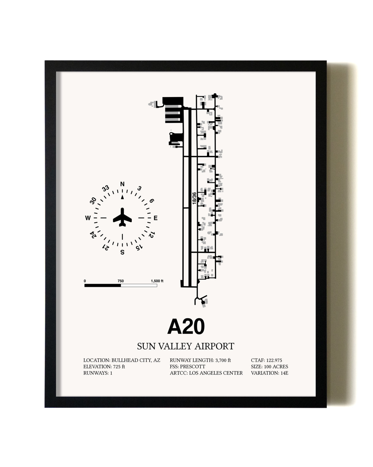 Framed Sun Valley Airport wall art poster in black frame