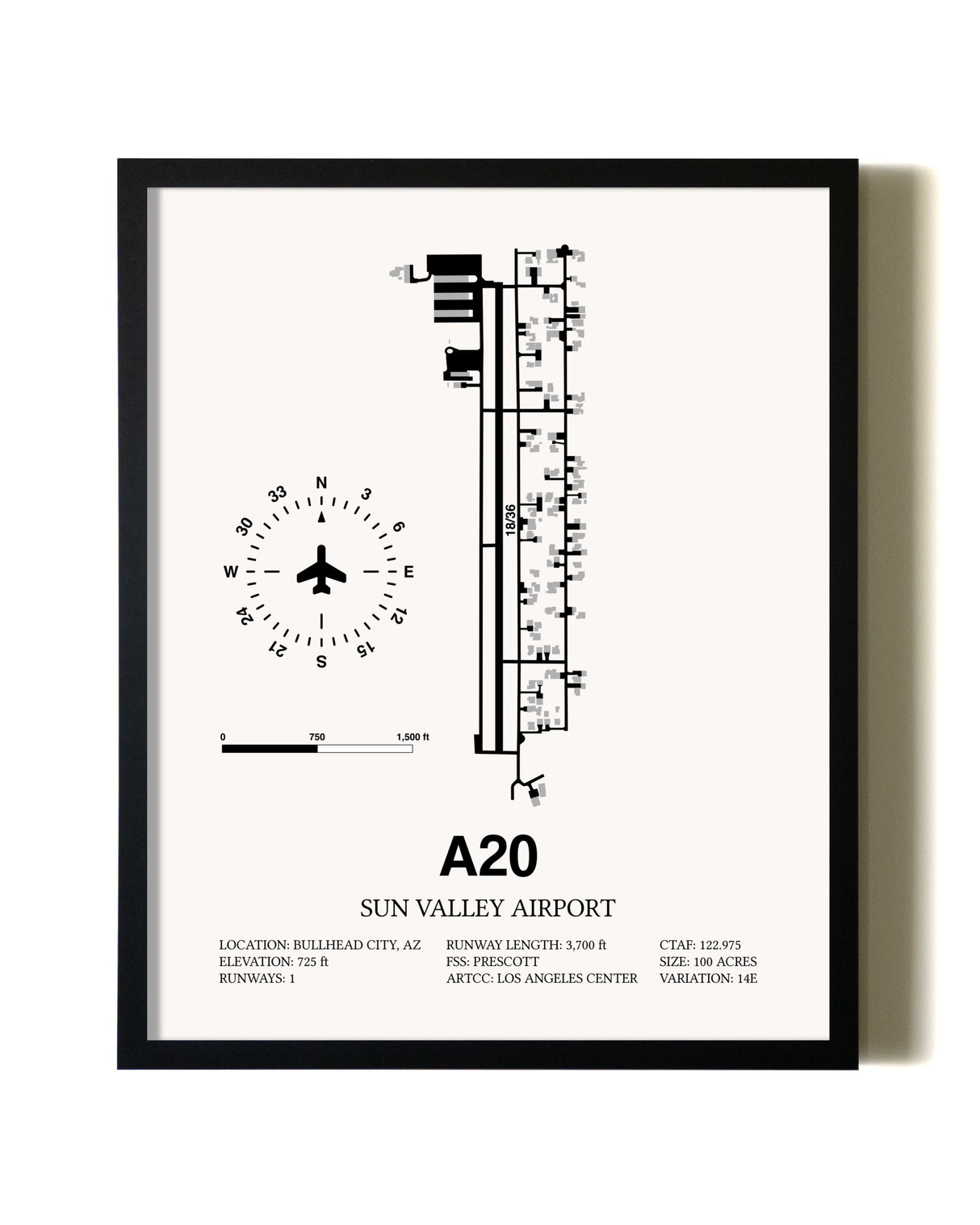 Framed Sun Valley Airport wall art poster in black frame