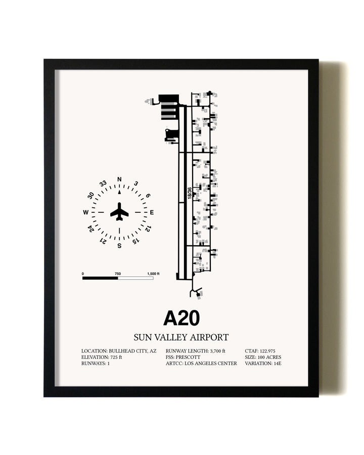 Framed Sun Valley Airport wall art poster in black frame