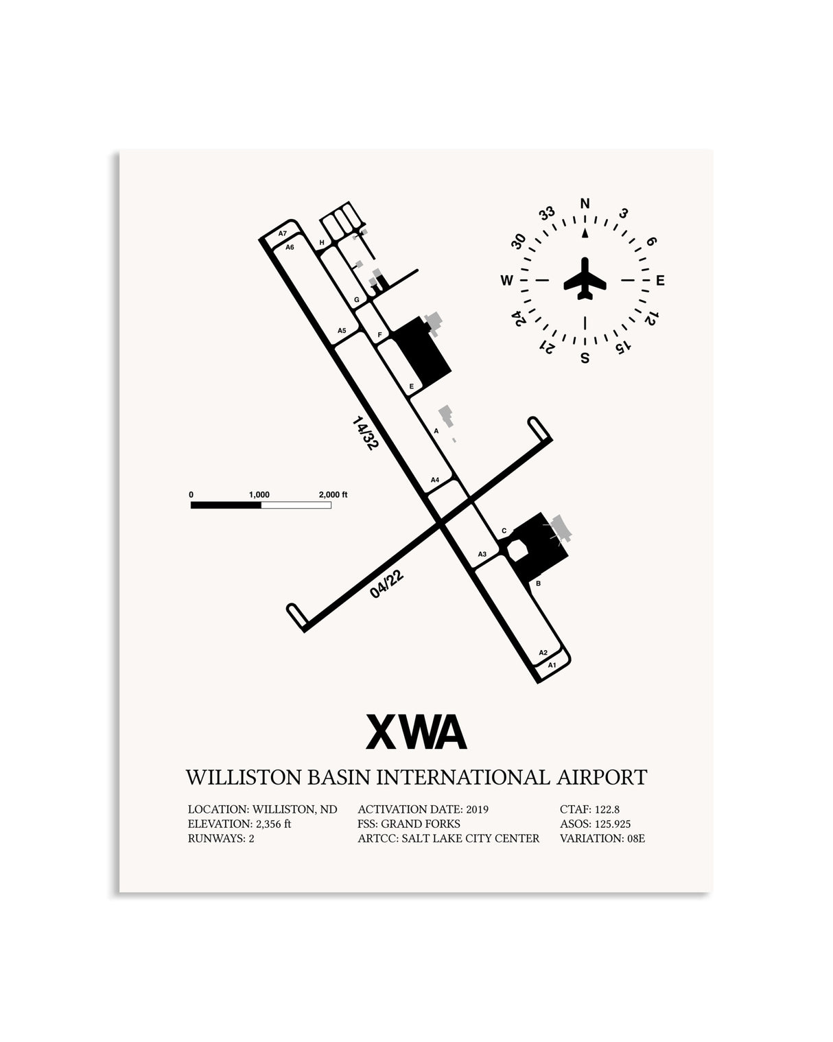 Gray Williston Basin International Airport framed poster displayed in an airplane hangar