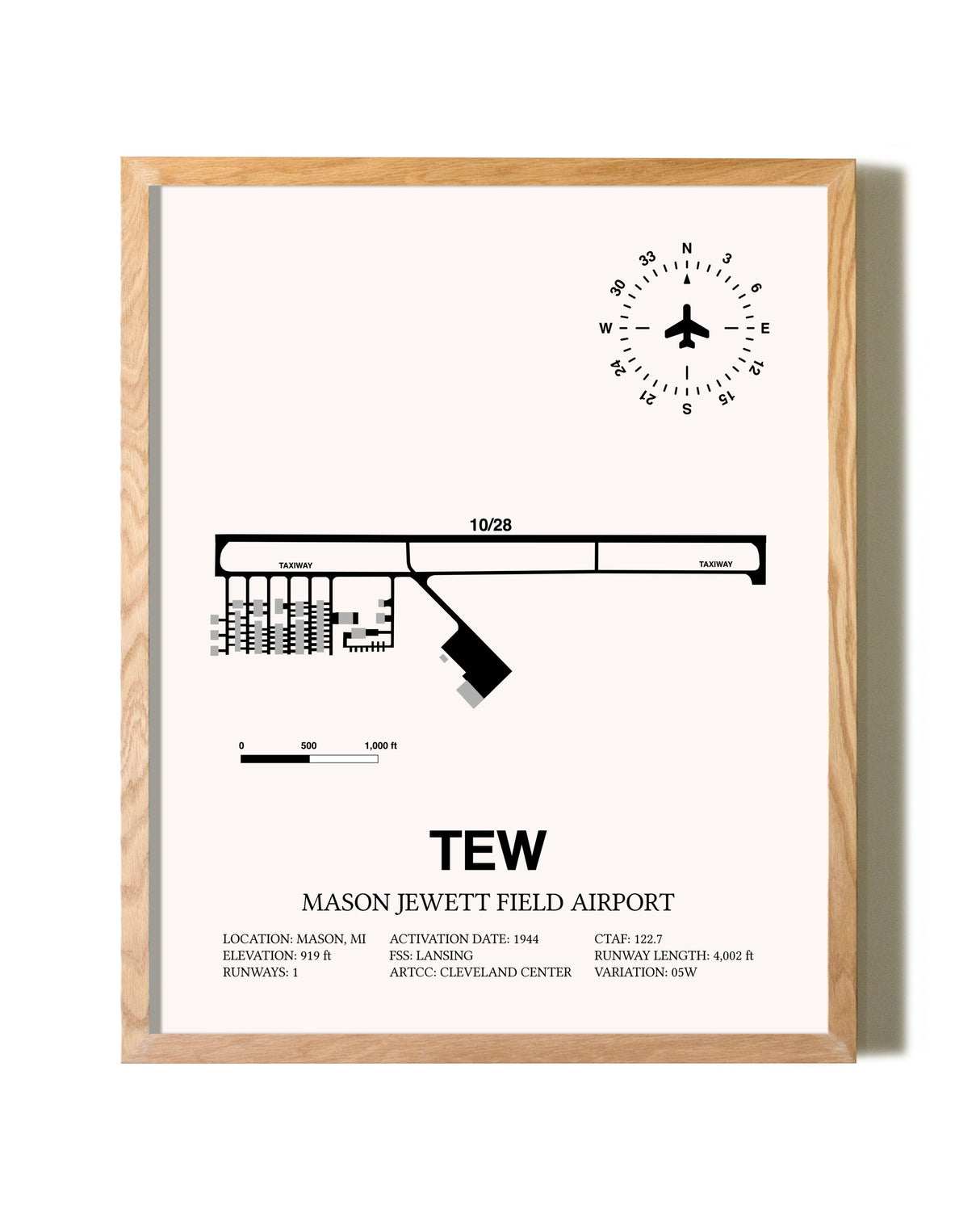 Mason Jewett Field Airport framed print in natural wood frame