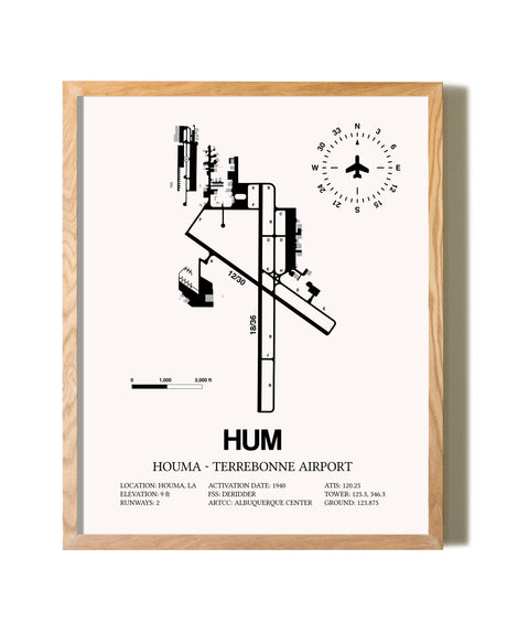 Houma-Terrebonne Airport framed print in natural wood frame