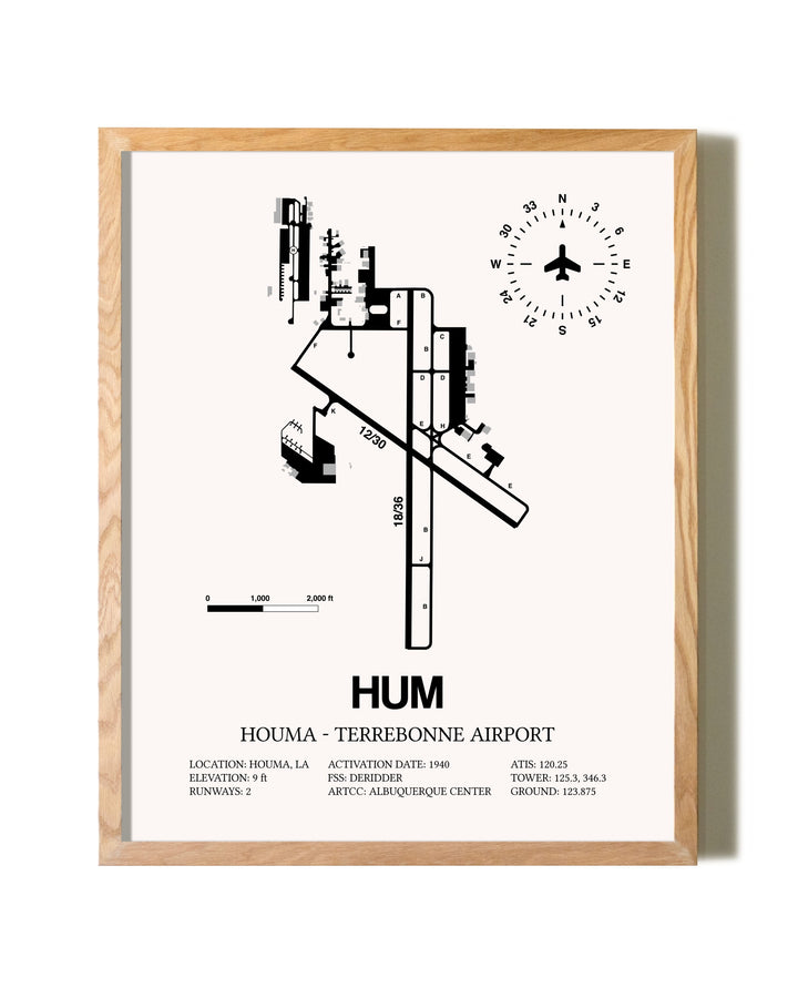 Houma-Terrebonne Airport framed print in natural wood frame