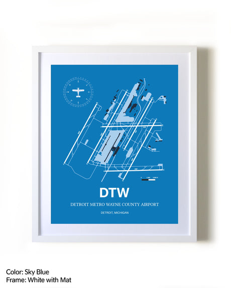 Detroit Metro Wayne County Airport framed wall art in white frame with mat