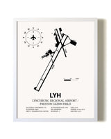 Lynchburg Regional Airport / Preston Glenn Field airport map poster in oak frame