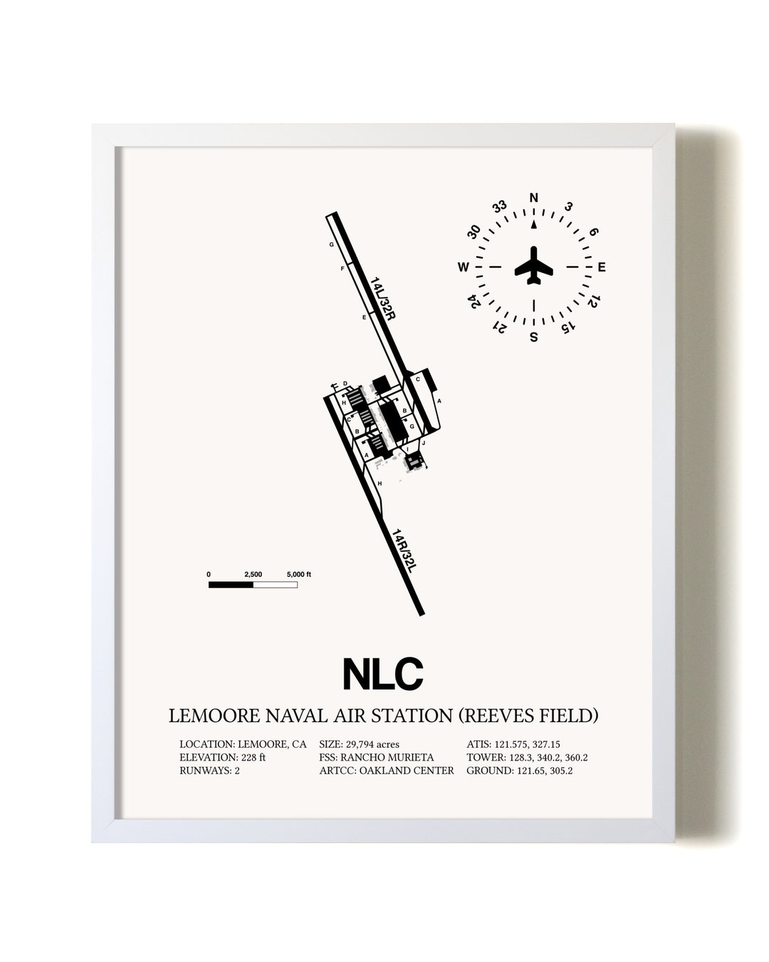 Lemoore Naval Air Station (Reeves Field) airport map poster in oak frame
