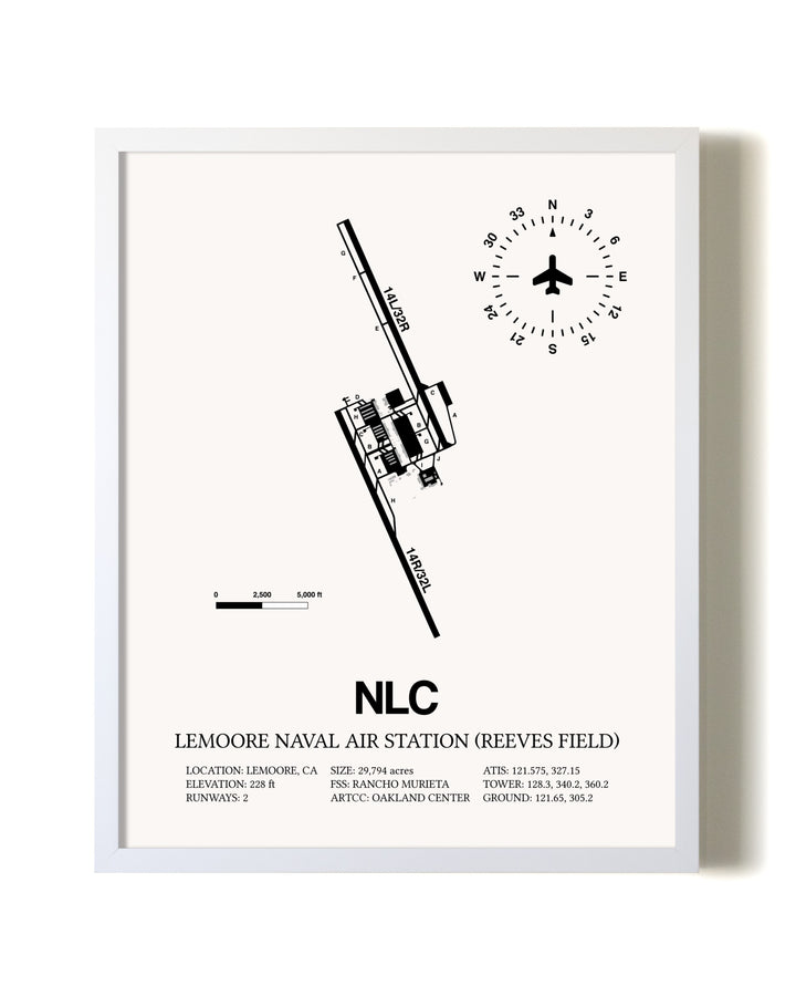 Lemoore Naval Air Station (Reeves Field) airport map poster in oak frame