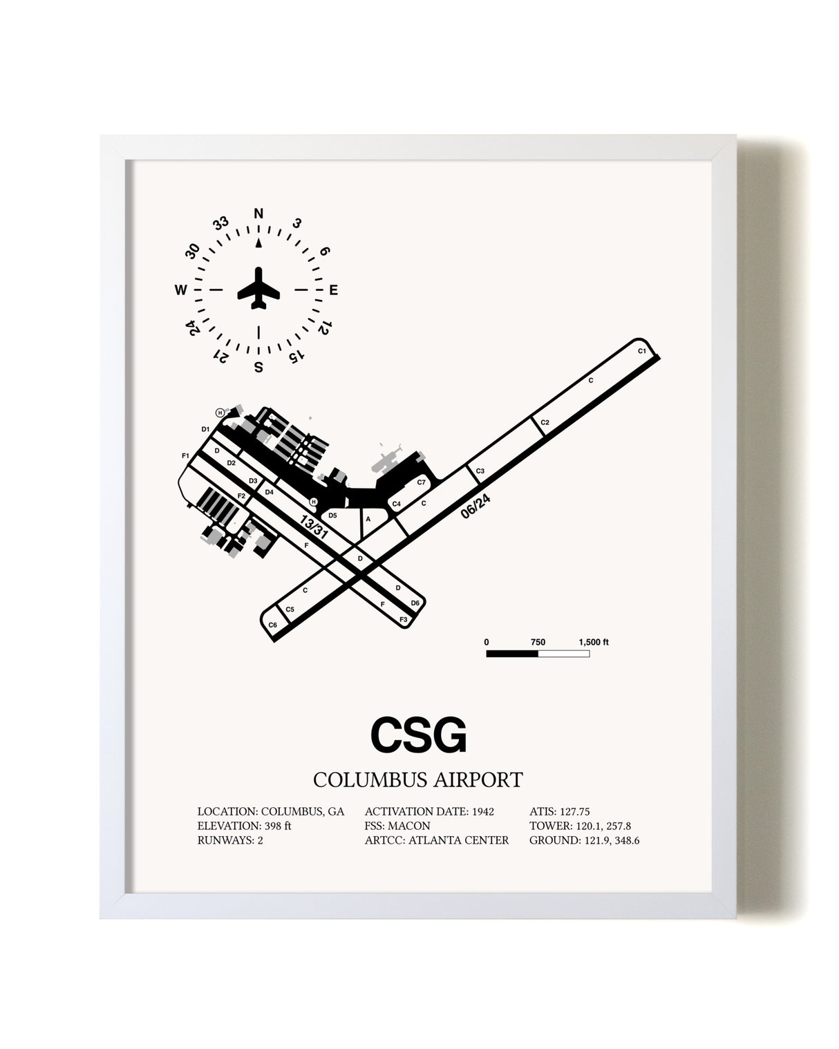 Columbus Airport airport map poster in oak frame