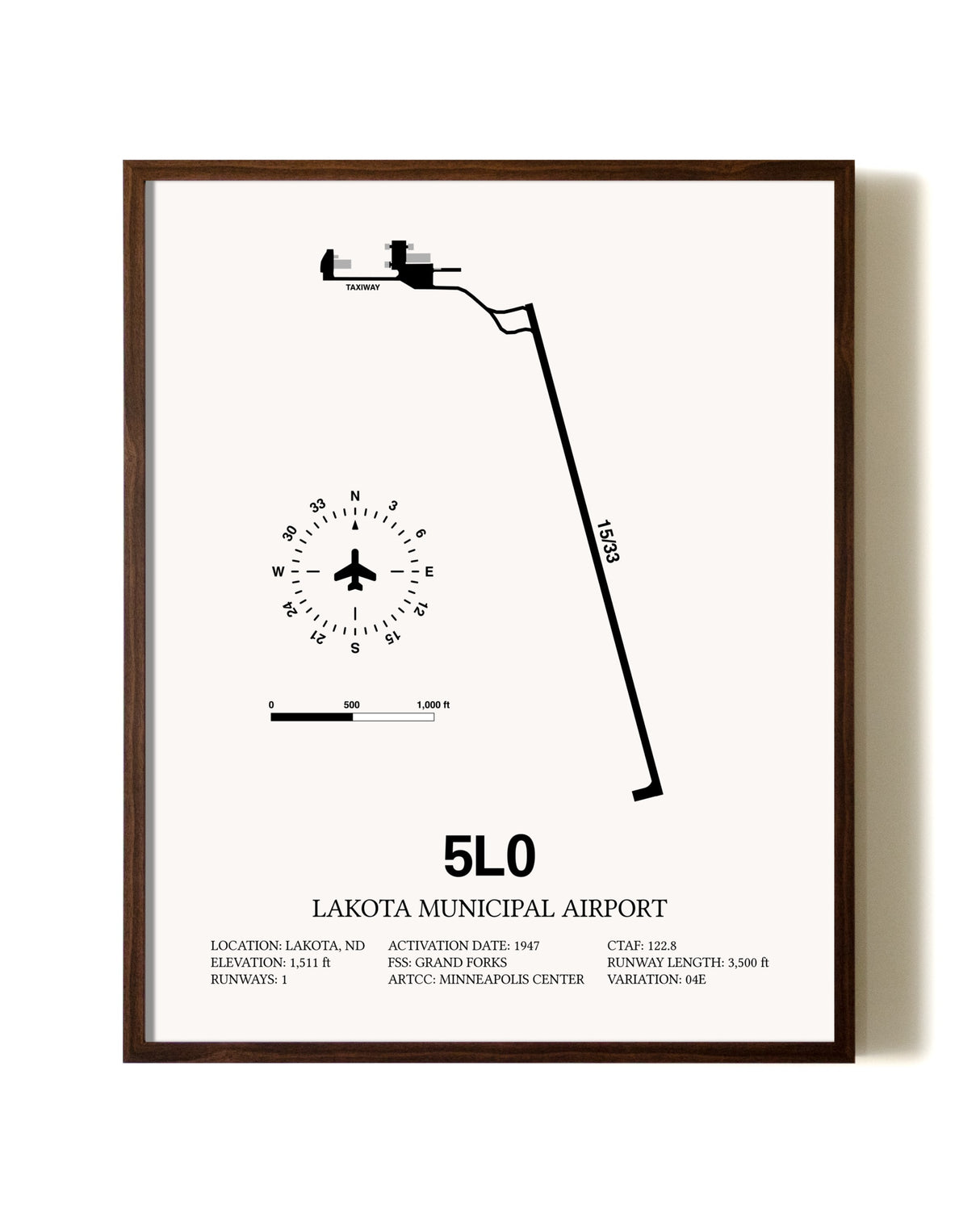 Lakota Municipal Airport aviation print in walnut frame