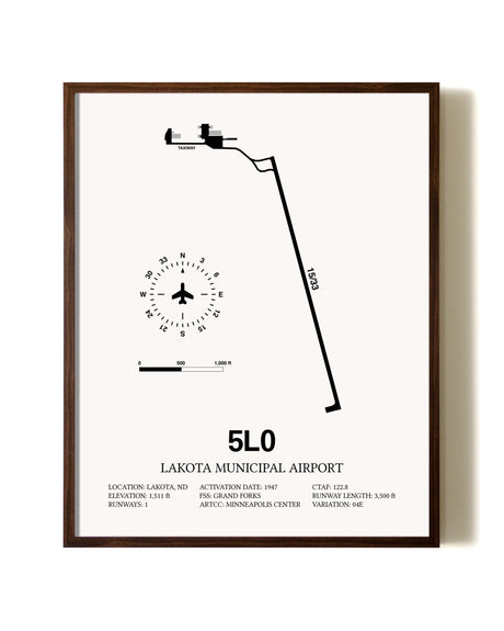 Lakota Municipal Airport aviation print in walnut frame