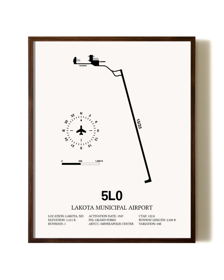 Lakota Municipal Airport aviation print in walnut frame