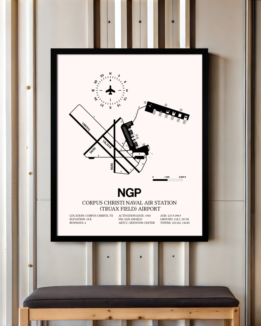 Corpus Christi Naval Air Station (Truax Field) Airport framed poster displayed in an airplane hangar