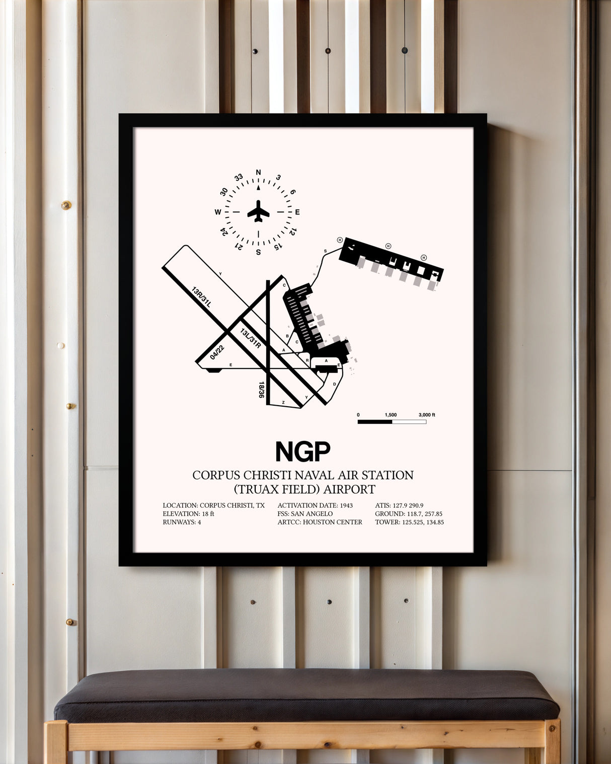 Corpus Christi Naval Air Station (Truax Field) Airport framed poster displayed in an airplane hangar