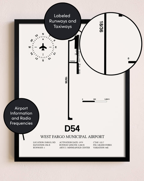 Framed West Fargo Municipal Airport layout wall art poster