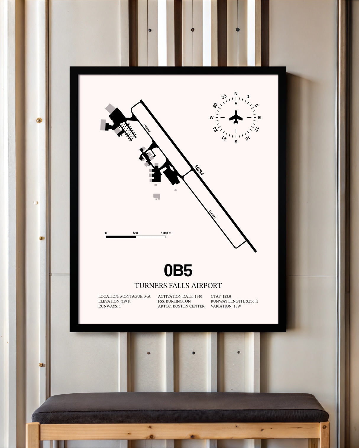 Turners Falls Airport framed poster displayed in an airplane hangar