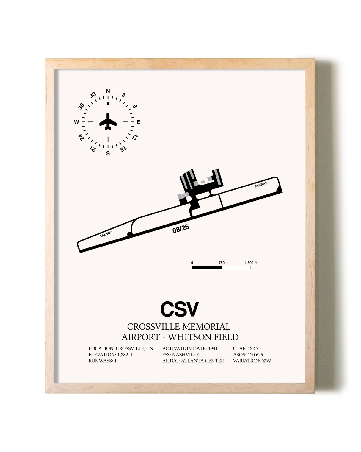Crossville Memorial Airport-Whitson Field framed wall art in white frame