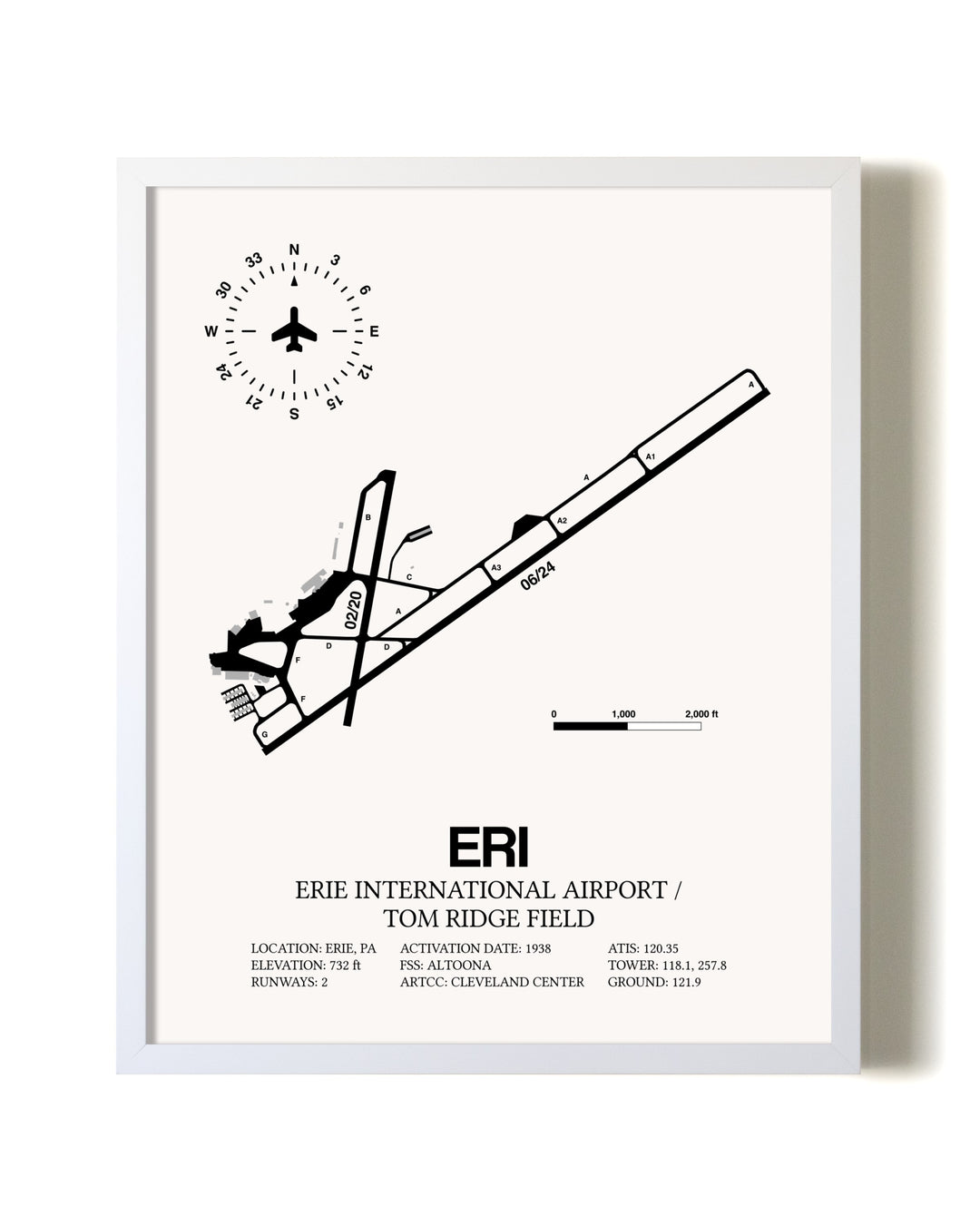 Erie International Airport / Tom Ridge Field airport map poster in oak frame
