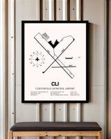 Clintonville Municipal Airport framed poster displayed in an airplane hangar