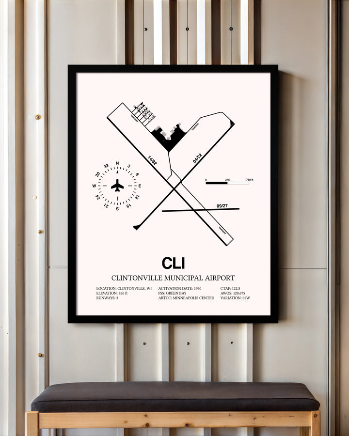 Clintonville Municipal Airport framed poster displayed in an airplane hangar