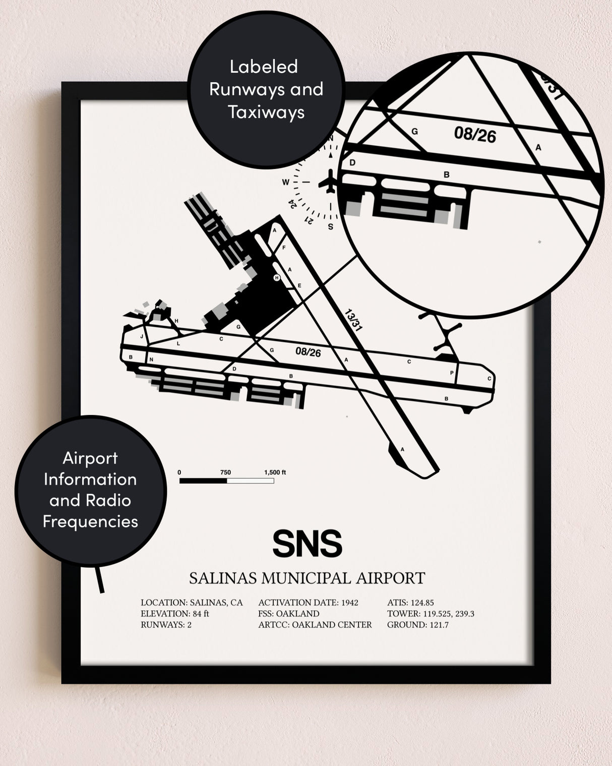 Framed Salinas Municipal Airport layout wall art poster