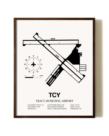 Tracy Municipal Airport aviation print in walnut frame