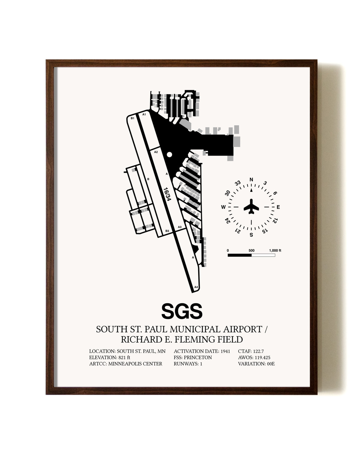 South St. Paul Municipal Airport / Richard E. Fleming Field aviation print in walnut frame