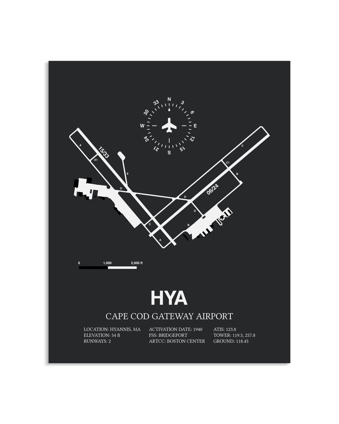 Gray Framed Cape Cod Gateway Airport layout wall art poster
