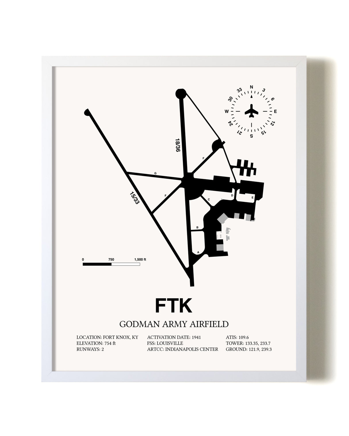 Godman Army Airfield airport map poster in oak frame