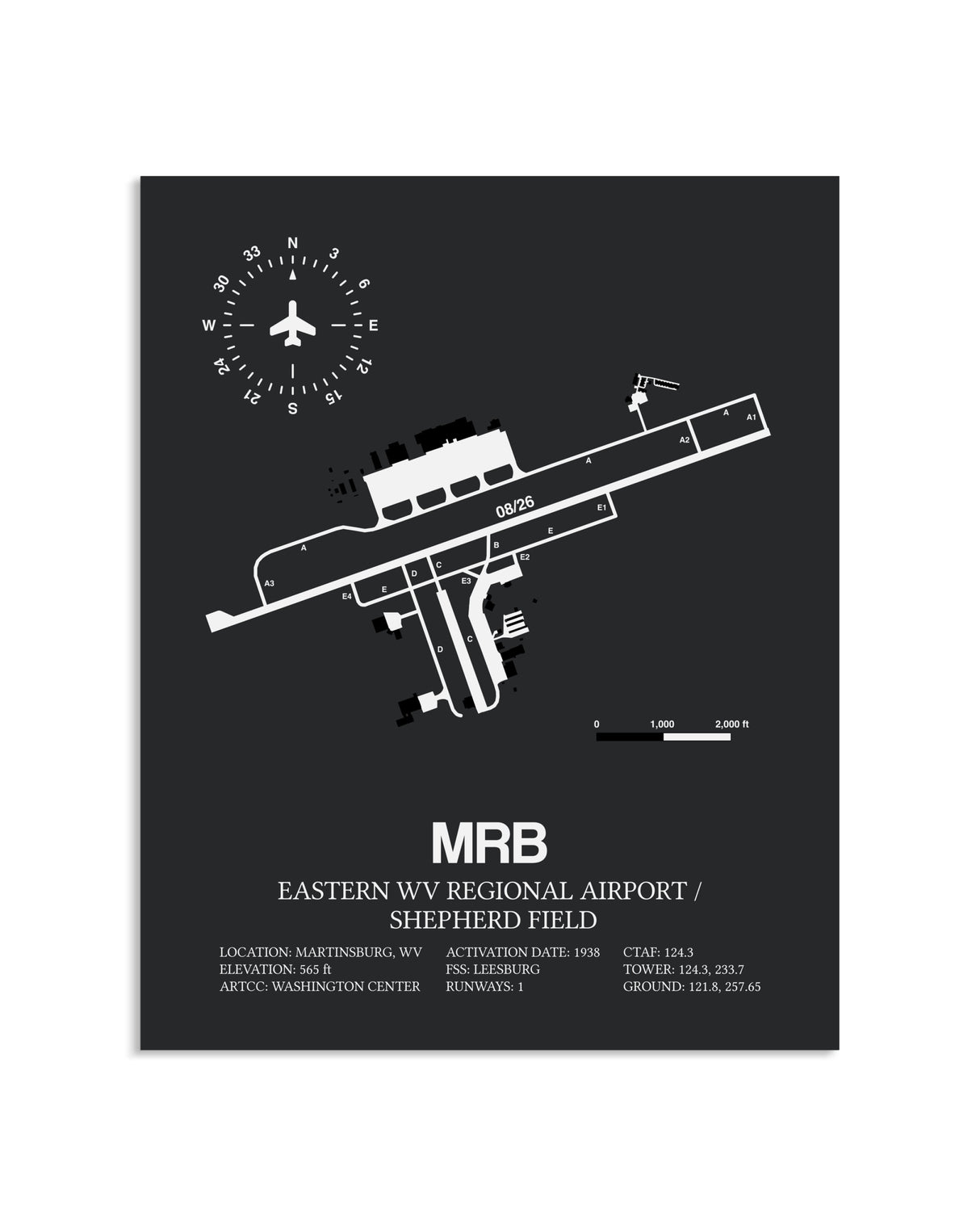 Gray Framed Eastern WV Regional Airport / Shepherd Field layout wall art poster