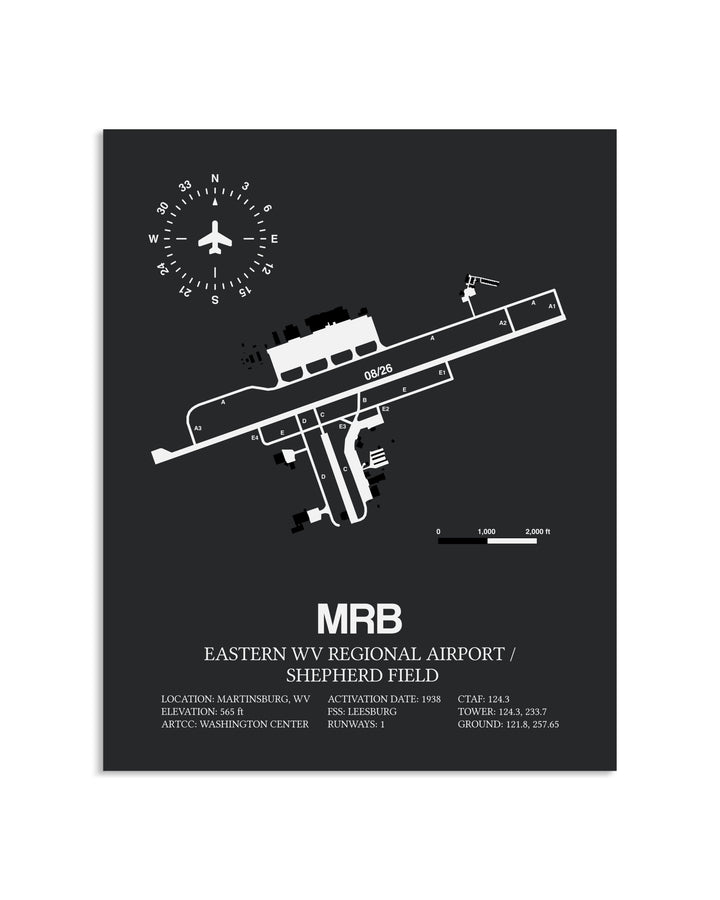 Gray Framed Eastern WV Regional Airport / Shepherd Field layout wall art poster