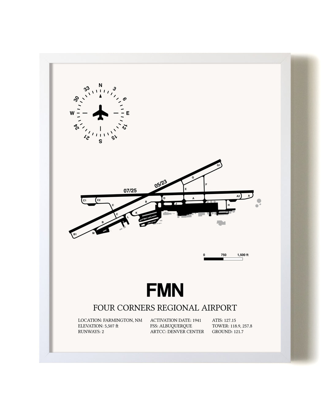 Four Corners Regional Airport airport map poster in oak frame