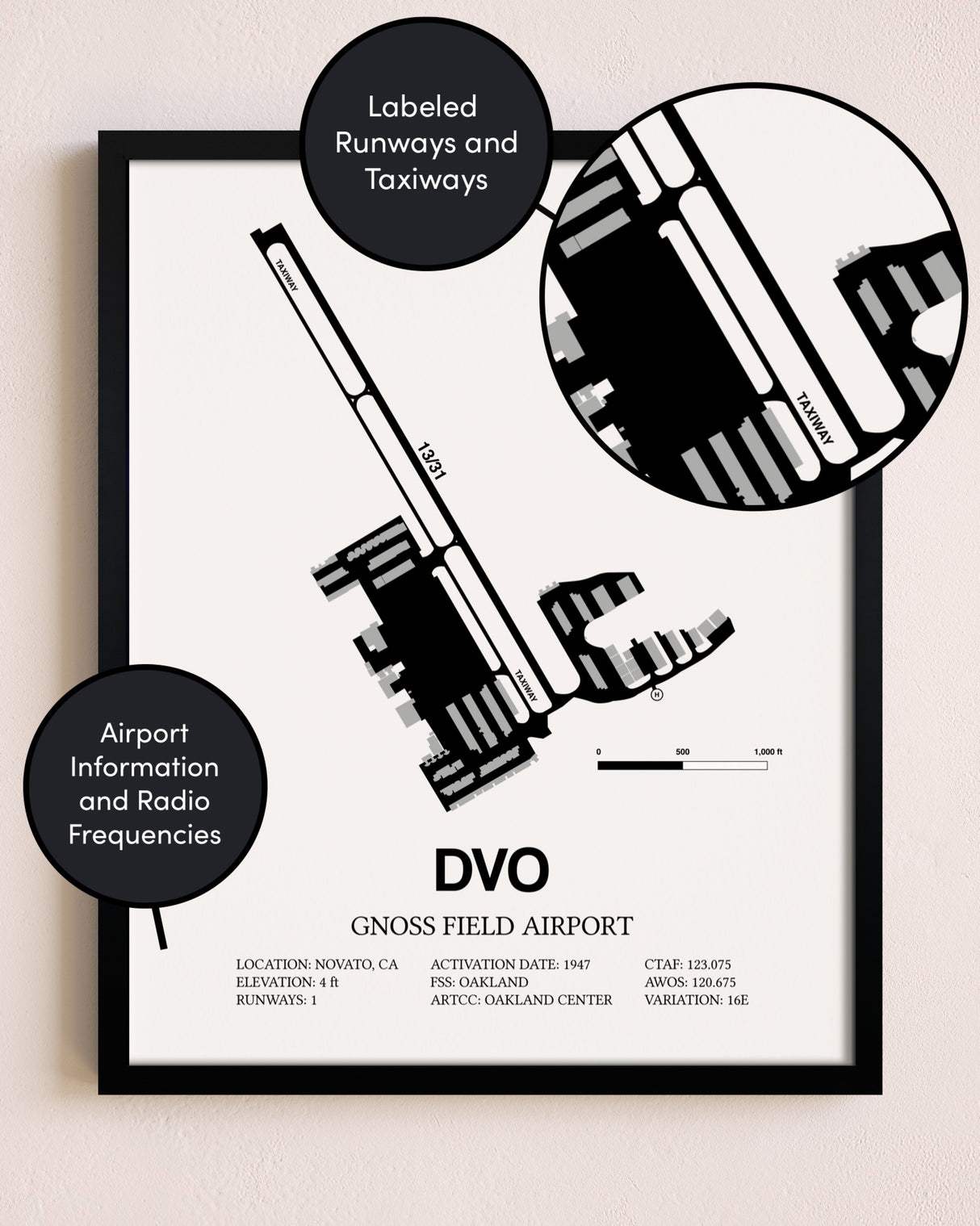 Framed Gnoss Field Airport layout wall art poster