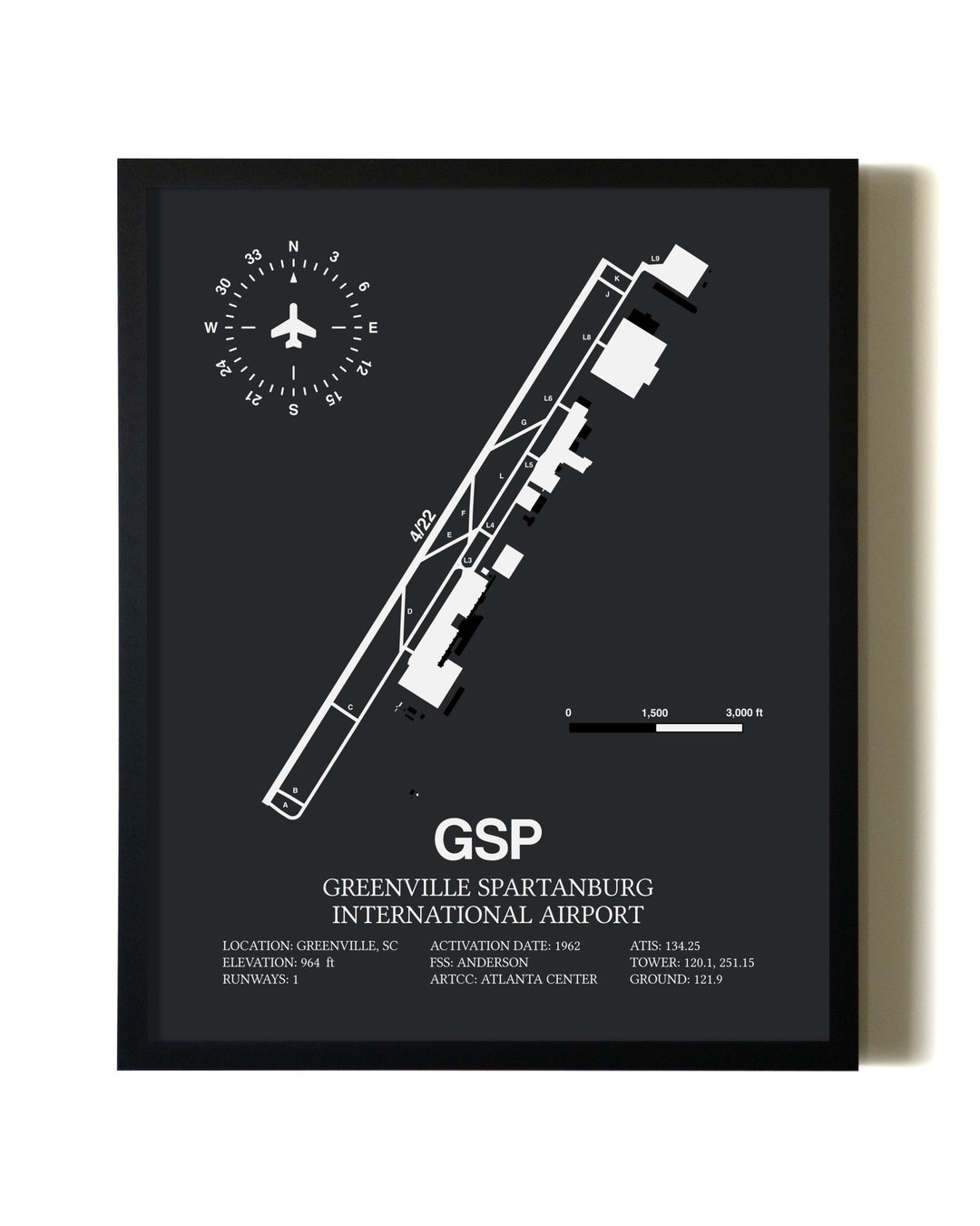 Unframed Greenville Spartanburg International Airport map print poster