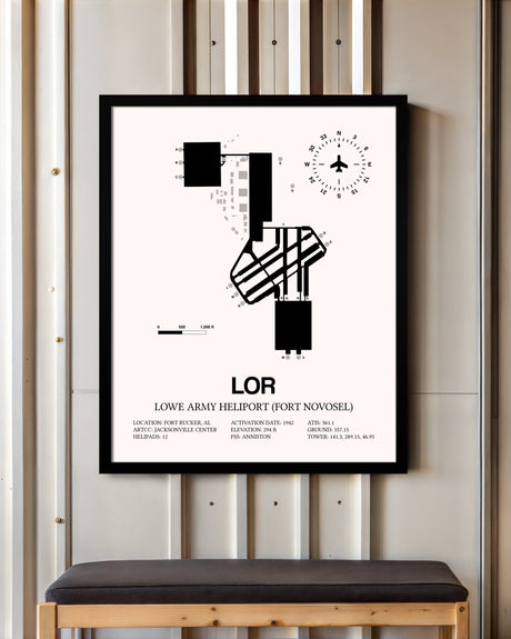 Lowe Army Heliport (Fort Novosel) framed poster displayed in an airplane hangar