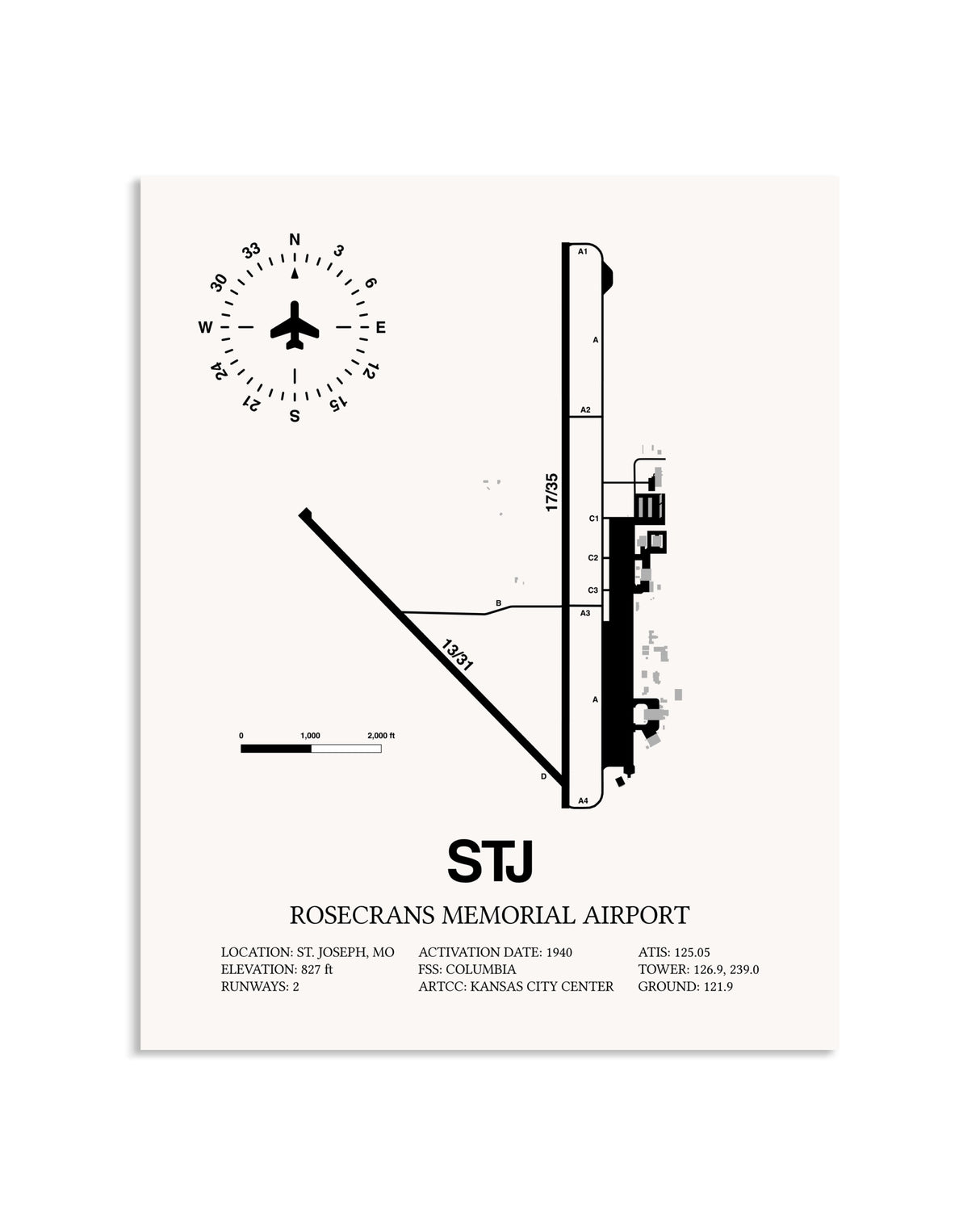 Gray Rosecrans Memorial Airport framed poster displayed in an airplane hangar