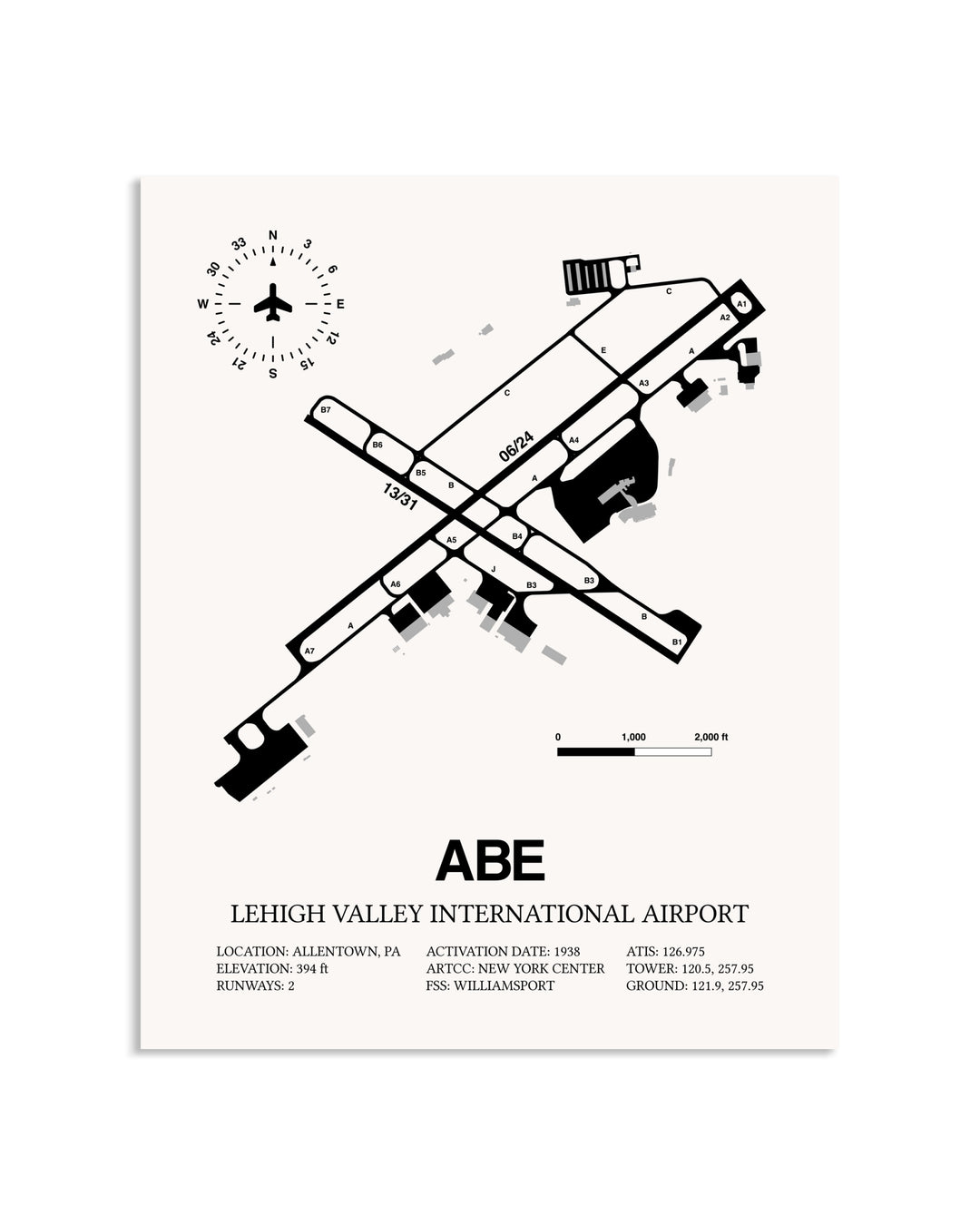 Gray Lehigh Valley International Airport framed poster displayed in an airplane hangar
