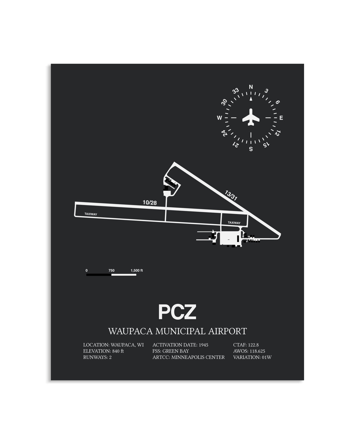 Gray Framed Waupaca Municipal Airport layout wall art poster