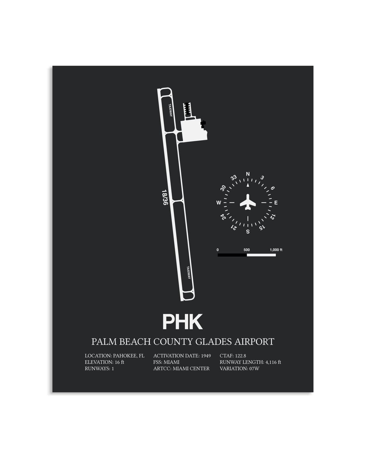 Gray Framed Palm Beach County Glades Airport layout wall art poster