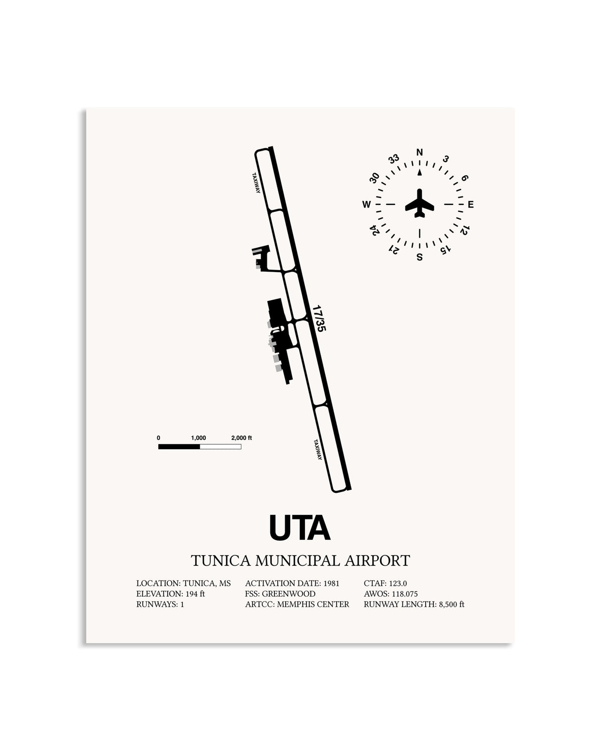 Gray Tunica Municipal Airport framed poster displayed in an airplane hangar