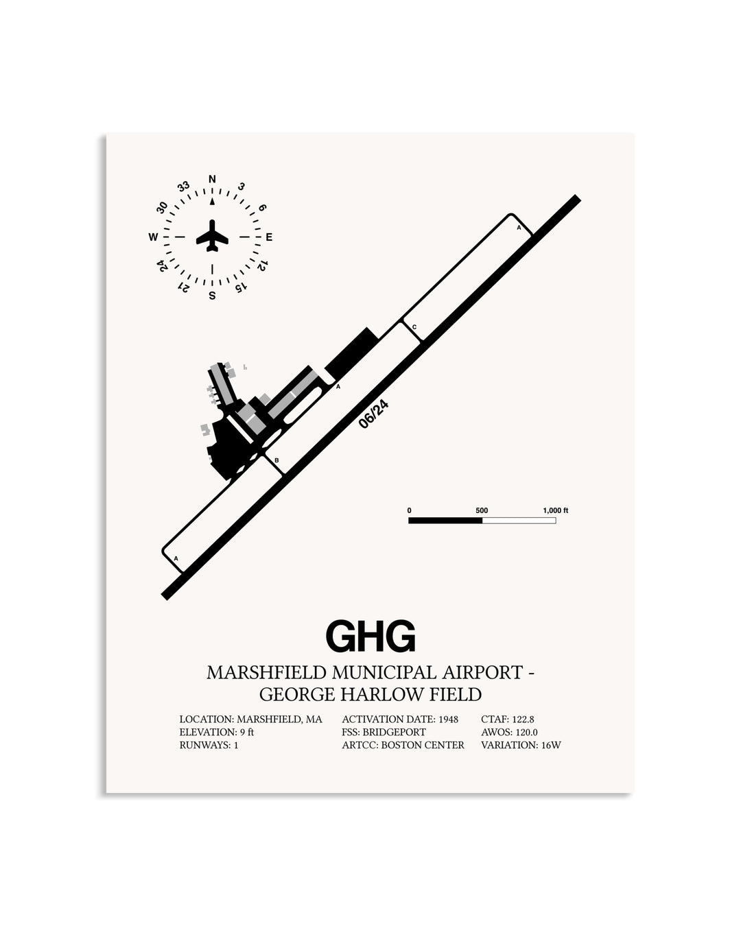 Gray Marshfield Municipal Airport-George Harlow Field framed poster displayed in an airplane hangar