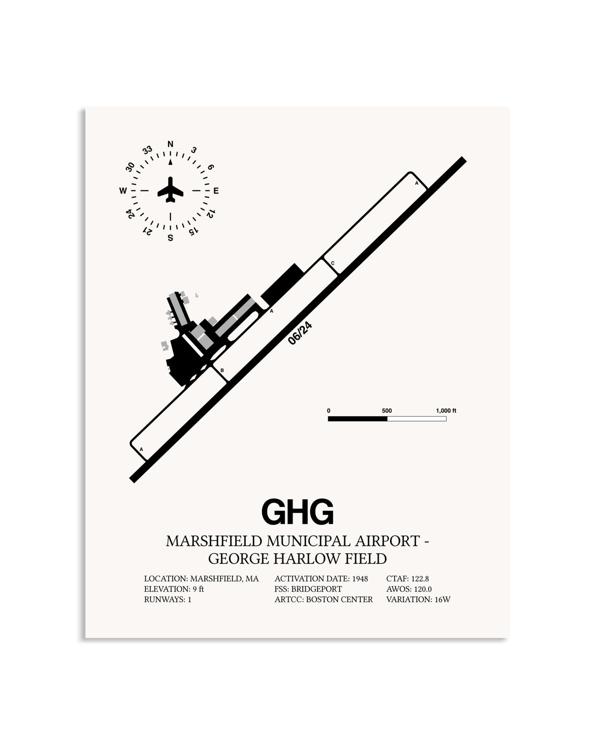 Gray Marshfield Municipal Airport-George Harlow Field framed poster displayed in an airplane hangar