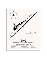 Gray Marshfield Municipal Airport-George Harlow Field framed poster displayed in an airplane hangar