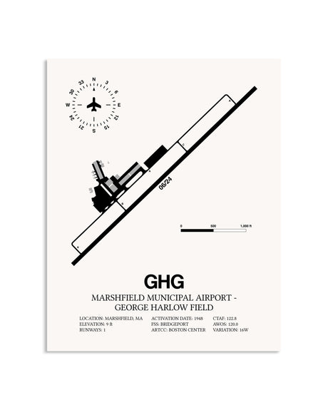 Gray Marshfield Municipal Airport-George Harlow Field framed poster displayed in an airplane hangar