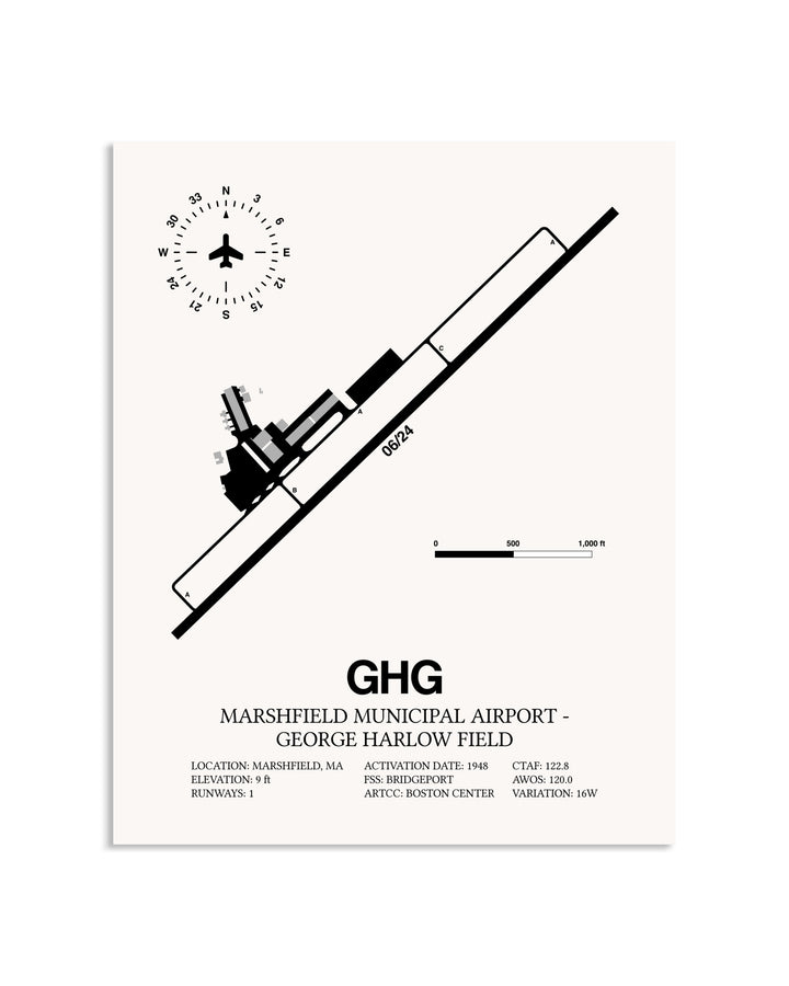 Gray Marshfield Municipal Airport-George Harlow Field framed poster displayed in an airplane hangar