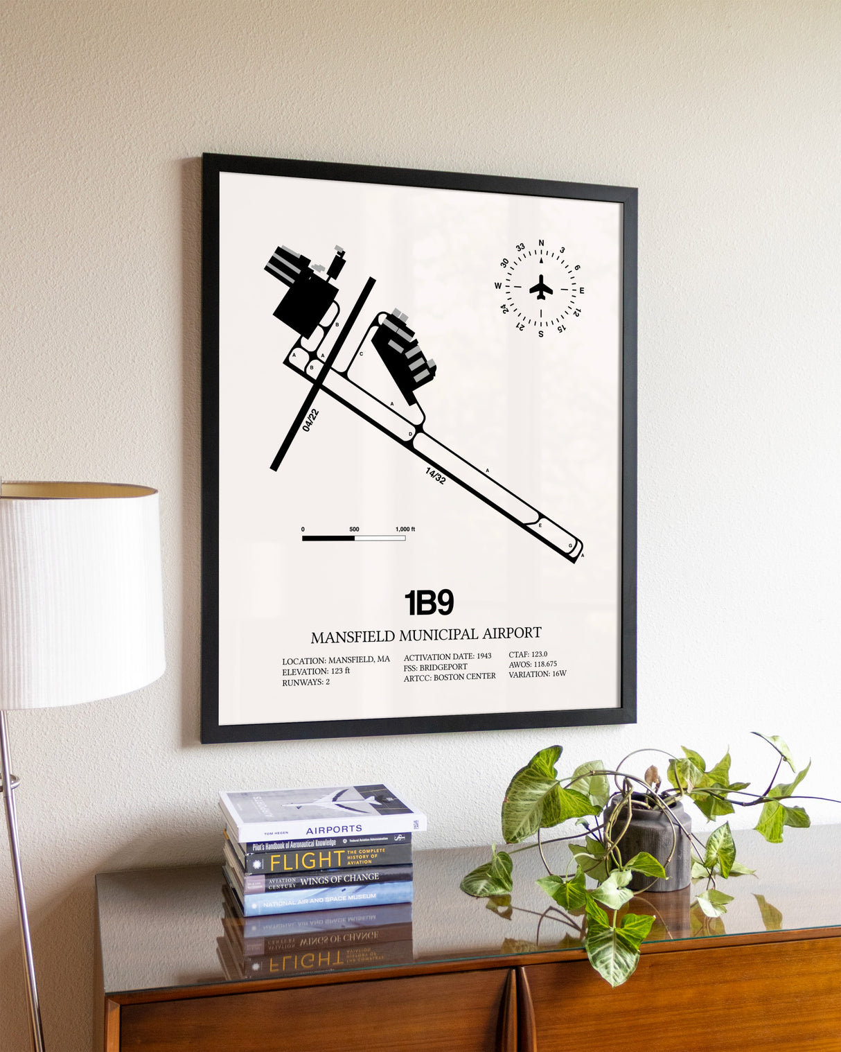 Mansfield Municipal Airport aviation wall décor in black wood frame